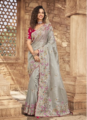 Grey Color Organza Heavy Work Saree