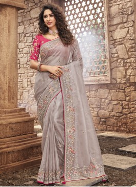 Grey Color Organza Moti Work Saree