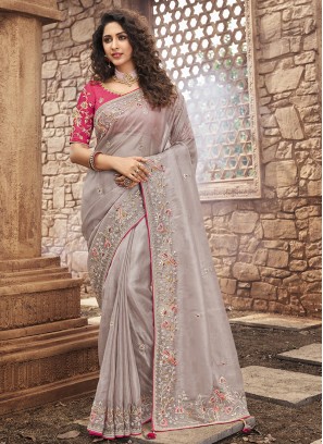 Grey Color Organza Moti Work Saree