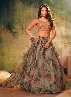 Grey Color Organza Printed Lehenga Choli