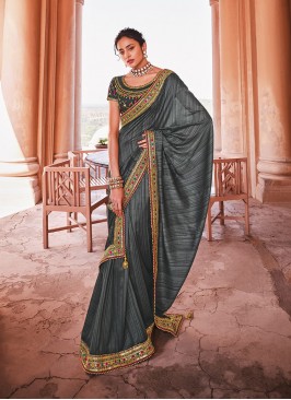 Grey Color Organza Silk Lace Border Saree