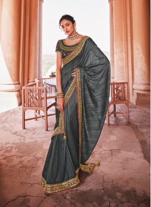 Grey Color Organza Silk Lace Border Saree