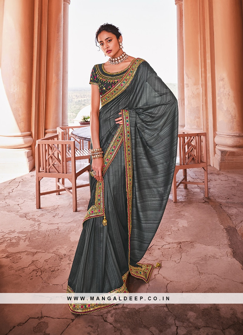 Grey Color Georgette Ready To Wear Saree