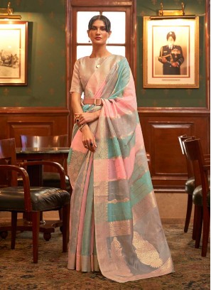 Grey Color Organza Traditional Saree