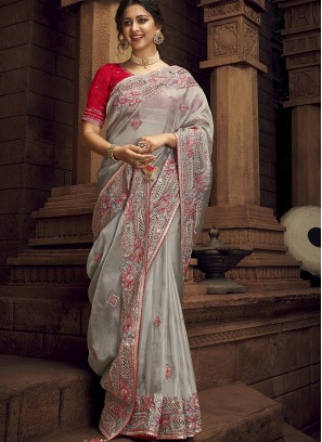 Grey Color Organza Wedding Wear Saree