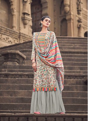 Grey Color Pashmina Silk Printed Suit With Palazzo