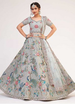 Grey Color Peacock Design Net Lehenga