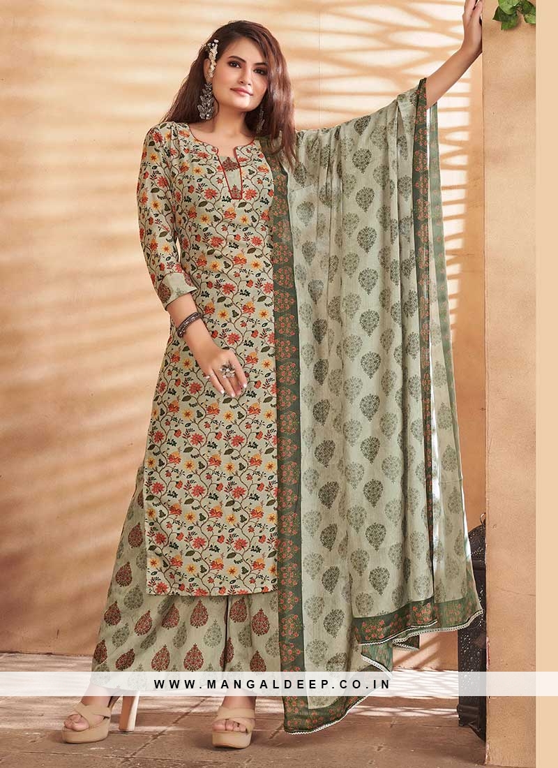 Grey Color Printed Maslin Readymade Suit