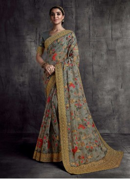 Grey Color Printed Silk Saree