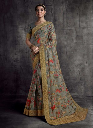 Grey Color Printed Silk Saree