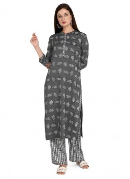 Grey Color Rayon Printed Kurta Palazzo