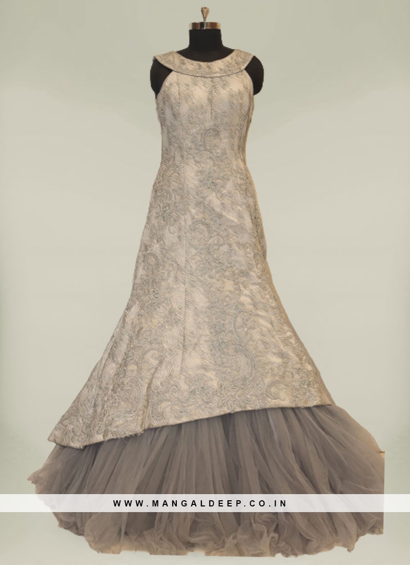 Grey Color Resham Work Silk Bridal Gowns