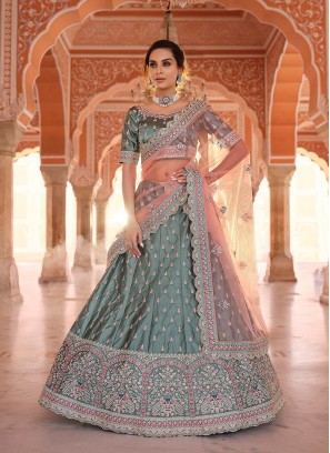 Grey Color Satin Embroidered Lehenga Choli