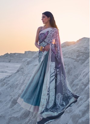 Grey Color Satin Flower Printed Saree