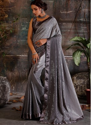 Grey Color Sequins Work Crepe Saree