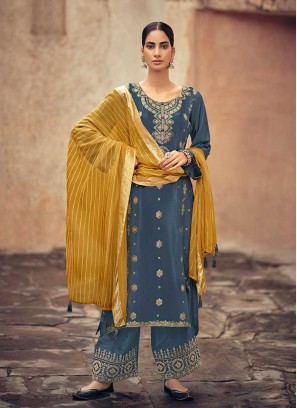 Grey Color Silk Embroidered Designer Suit