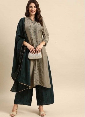 Grey Color Silk Embroidered Readymade Suit