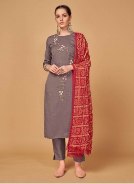 Grey Color Silk Embroidered Readymade Suit