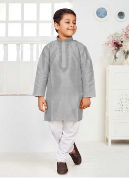 Grey Color Silk Little Boy Kurta Set