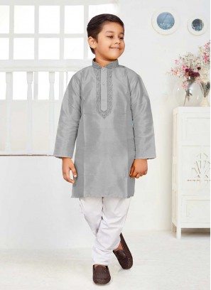 Grey Color Silk Little Boy Kurta Set