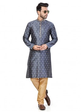 Grey Color Silk Mens Kurta Set