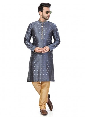 Grey Color Silk Mens Kurta Set