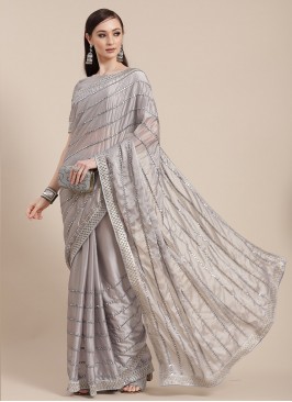 Grey Color Silk Saree With Designer Blouse