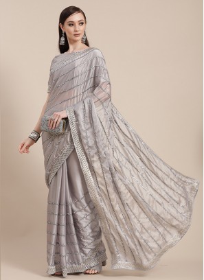 Grey Color Silk Saree With Designer Blouse