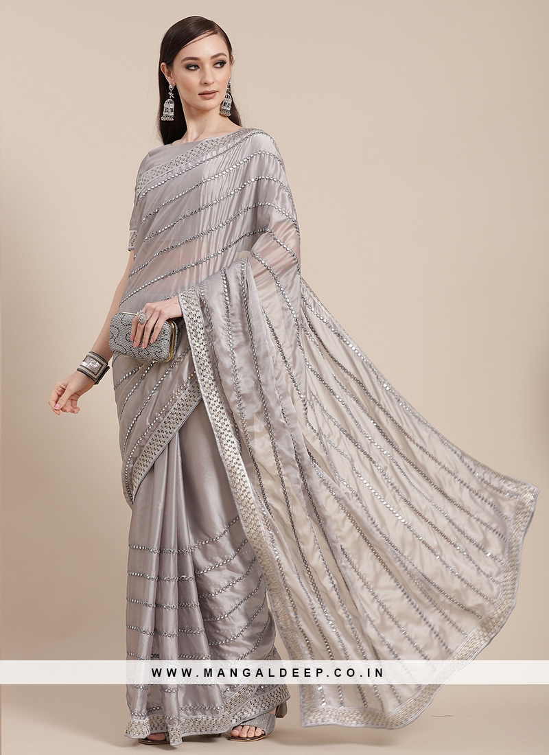 Grey Color Silk Saree With Designer Blouse