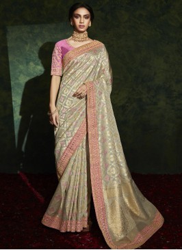 Grey Color Silk Wedding Wear Saree