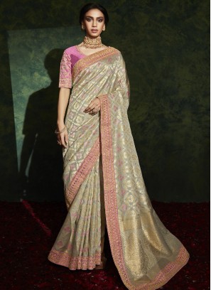 Grey Color Silk Wedding Wear Saree