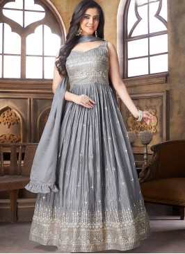 Grey Color Thread Work Anarkali Dress