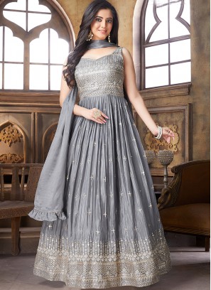 Grey Color Thread Work Anarkali Dress