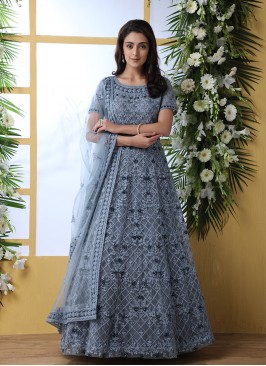 Grey Color Thread Work Floor Length Gown