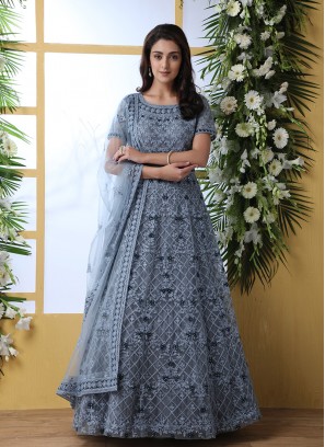 Grey Color Thread Work Floor Length Gown
