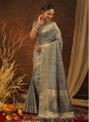 Grey Colour Mulberry Silk Embroidery Work Saree