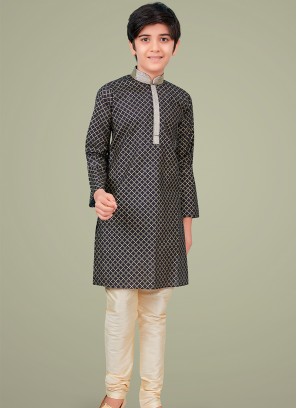 Black cottan silk Indo Western Suit for Boys.