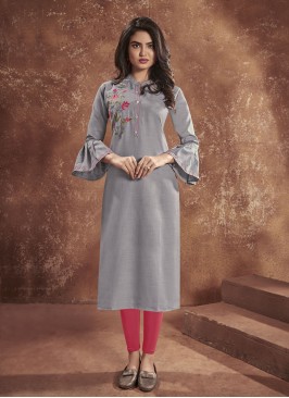 Grey Cotton Party Wear Kurti