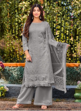 Grey Cotton Thread Work Palazzo Salwar Kameez