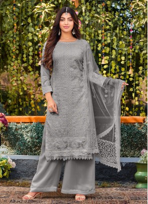 Grey Cotton Thread Work Palazzo Salwar Kameez