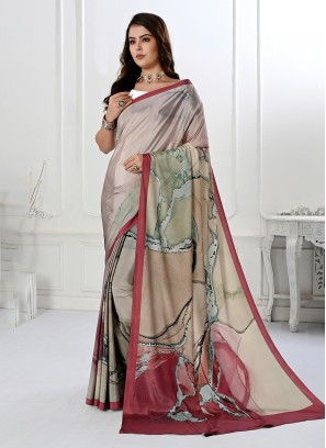 Grey Digital Print Crepe Silk Trendy Saree