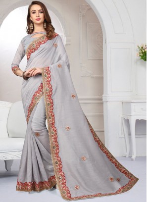 Grey Embroidered Ceremonial Trendy Saree
