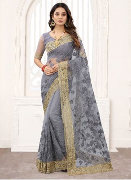 Grey Embroidered Designer Traditional Saree