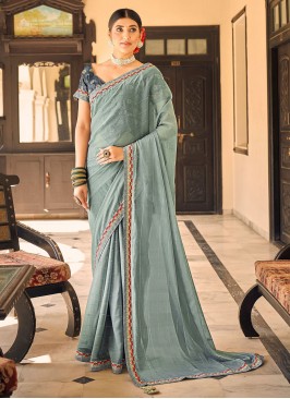 Grey Embroidered Engagement Classic Saree