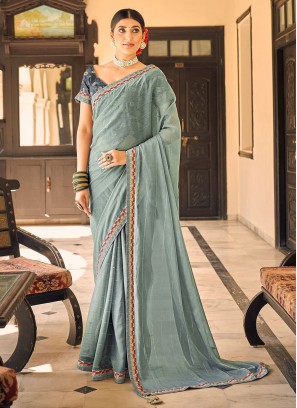 Grey Embroidered Engagement Classic Saree