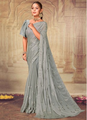 Grey Embroidered Festival Classic Saree