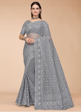 Grey Embroidered Net Designer Saree