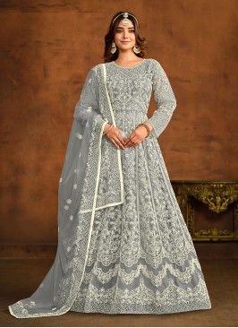 Grey Embroidered Net Trendy Salwar Kameez