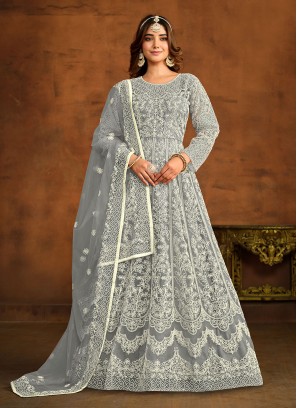 Grey Embroidered Net Trendy Salwar Kameez