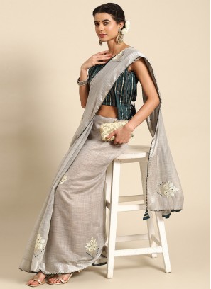 Grey Embroidered Poly Cotton Classic Saree